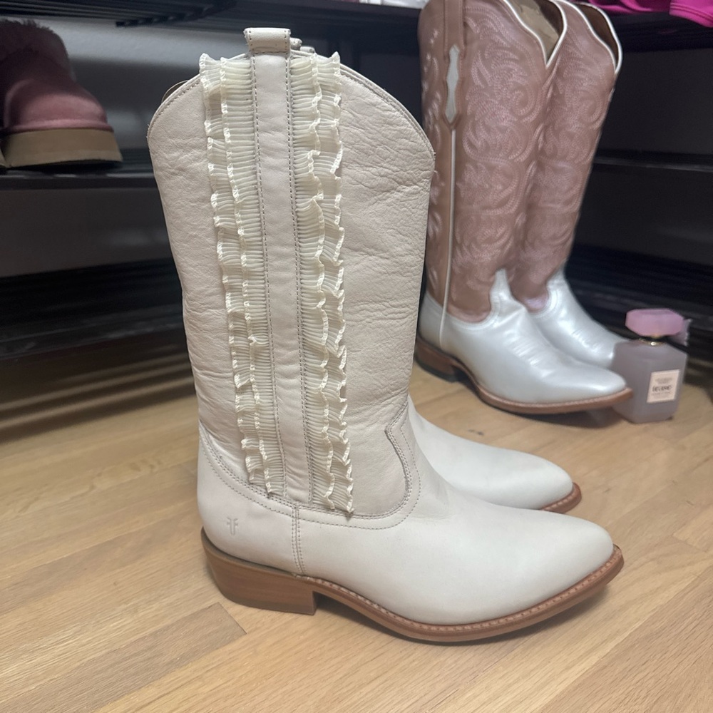 Cream ruffle western boots